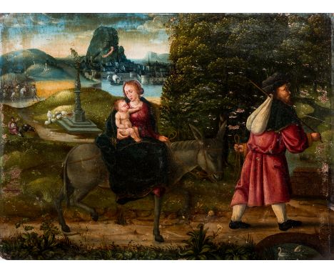 Full title: South West Flemish School: Flight to Egypt, oil on panel, first quarter 16th C.Description:Work: 63,5 x 47,5 cm