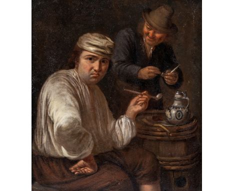 Full title: Flemish school, monogrammed M.W. or M.V.: Pipe smokers in an interior, oil on copper, ca. 1700Description:Work: 2