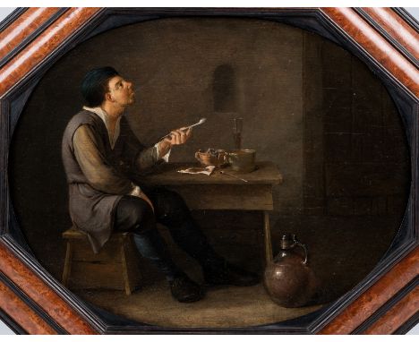 Full title: Flemish school: A pipe smoker in an interior, oil on panel, 17th C.Description:Work: 35,5 x 27,5 cm Frame: 47 x 3