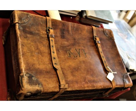 British 1930s Military Leather Suitcase with to straps, initialled K.V.F. Canvas lined inside. Was still used until 1981 havi
