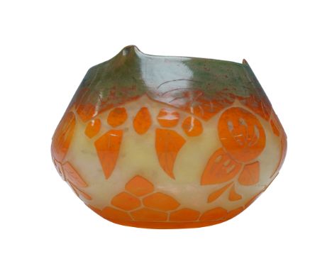 A beautifully crafted Le Verre Francais cameo glass vase featuring a vibrant orange and green floral design. The acid-etched 