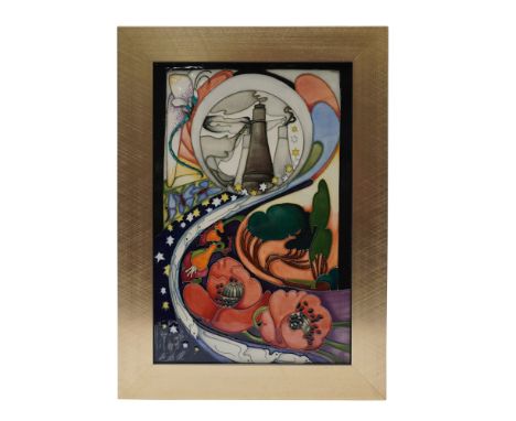 Housed in a gilded frame, this piece features fine outline tube-lining and is executed in a vivid color palette. The subject 