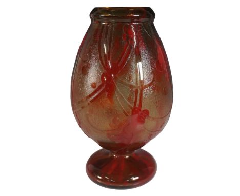 This exquisite cameo glass vase by Schneider features the Perlieres pattern, showcasing a rich red and amber palette with ele