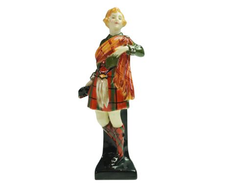 This figure portrays a young woman in traditional Scottish Highland attire, complete with tartan sash, kilt, and sporran. The