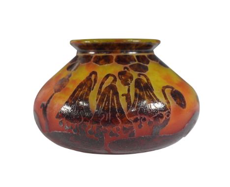 A stunning Le Verre Francais Art Nouveau cameo glass vase featuring a rich amber and deep red color palette. The acid-etched 