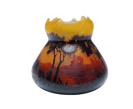 A remarkable Daum Nancy French cameo glass vase featuring a scenic landscape motif with finely acid-etched trees, rolling hil