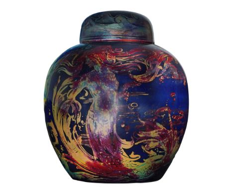 A covered ginger jar produced by Bernard Moore, featuring design work by Hilda Lindop. The flambe jar is finished in a dark-s