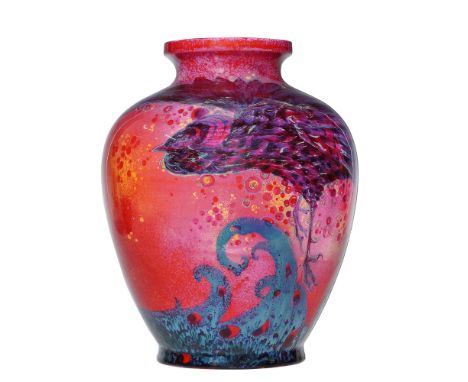 Royal Doulton large flambe sung glazed vase depicting a peacock, designed by Charles Noke. The vase features a flaring rim an