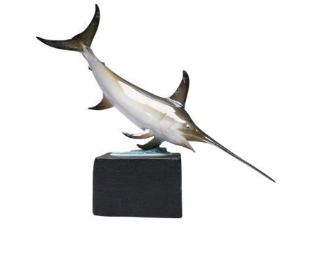 Naturalistic bone china figurine of a swordfish, designed by Ronald Van Ruyckevelt for Royal Worcester. The figure is modeled