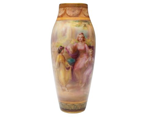 Painted by artist George White. The vase features a hand-painted pastoral scene depicting a seated woman and children in a ga