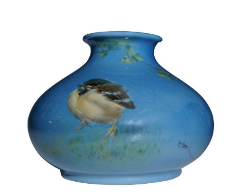 Royal Doulton Titanian Ware vase featuring a hand-painted depiction of a young Coal Tit, a small passerine bird native to Eur