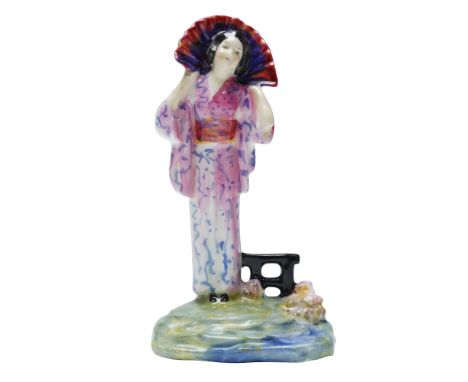 This piece depicts a woman in a traditional Japanese-style kimono, standing on a scenic base with a black torii gate and flor