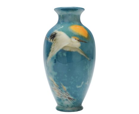 Royal Doulton Titanian Ware vase designed by Harry Allen, featuring a depiction of a stork in flight. The vase is crafted in 
