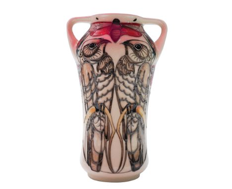 One of Only Two Made. This Moorcroft Pottery double-handled vase features a design by Vicky Lovatt, depicting cinnabar butter