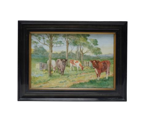 This rectangular ceramic plaque features a hand painted pastoral scene depicting cows and chickens in a rural landscape. The 