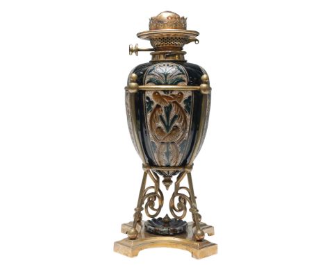 Doulton Lambeth stoneware oil lamp designed by Helena Pennett and signed by Mark Marshall inside the egg. The ceramic body fe