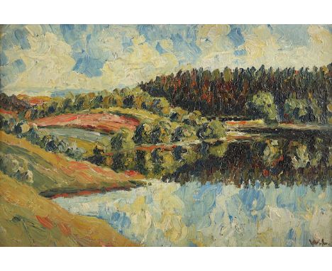 MONOGRAMMIST UM 1900, "Blick auf den Lassek See bei Treuburg in Ostpreussen", auch: Großer Oletzkoer oder Treuburger See, Öl/