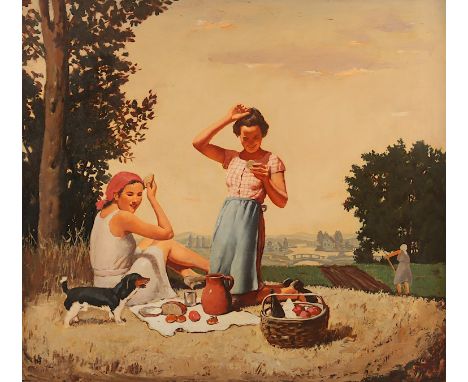 MALER UM 1930/40, "Spätsommerliches Picknick", Öl/Hartfaser, 81 x 90, R.