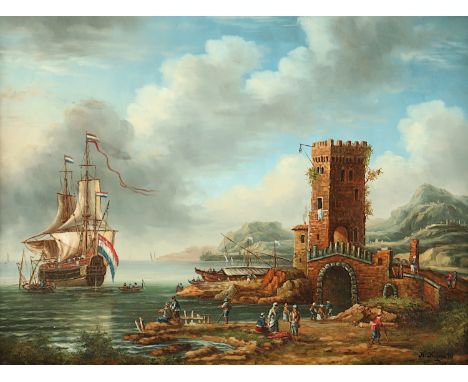 KUJAU, Konrad (1938-2000), "Hafenszenerie in altflämischer Manier", Öl/Holz, 30 x 39, unten rechts signiert und "98" datiert,