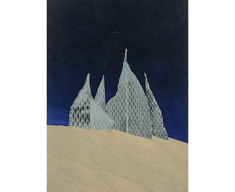 MACK, Heinz, "Lichtskulptur in der Wüste", Farbserigrafie/Karton (Collage), mit Sand, 81 x 56, bez. E/A., handsigniert, min.l