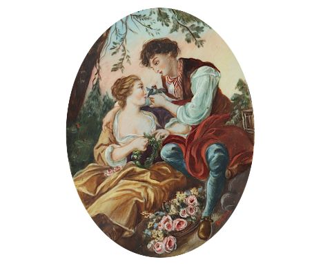 LIEBESPAAR MIT VOGEL, nach François Boucher, Miniaturmalerei auf Elfenbeinplättchen, L 11, wohl E.19./A.20.Jh., R.