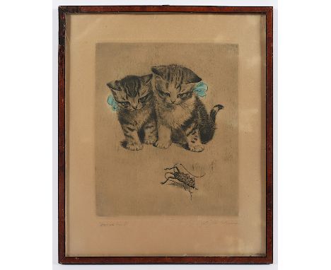 PLÜCKEBAUM, Meta, "Zwei Katzen", Original-Radierung, koloriert, 24,5 x 20, handsigniert, etwas gebräunt, bez. "Was ist los?",