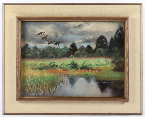 LILJEFORS, Lindorm (1909-1985), "Uferlandschaft mit auffliegenden Stockenten", Öl/Hartfaser, 33 x 45,5, unten links signiert 