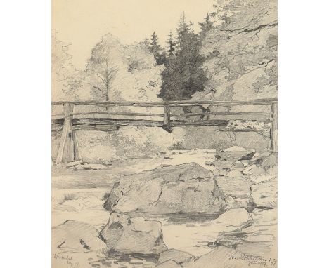 KOHLSCHEIN, Josef II (1884-1958), "Bachlauf mit Brücke", Bleistift/Papier, 27 x 19,5 (Passepartoutausschnitt), unten rechts s