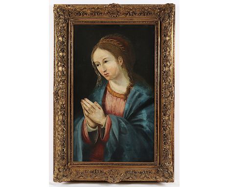 SAKRALMALER E.19./A.20.JH., "Betende Muttergottes", Öl/Lwd., 70,5 x 42,5, besch. und rest., R.