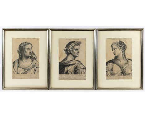 DREI PORTRAITS, "Tiberius Caesar", "Agrippina", "Albia Terentia Othonis mater", Kupferstiche, 25 x 18,5, etwas fleckig, Pierr