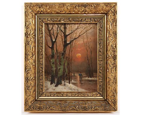JUNGBLUT, Johann (1860-1912), zugeschrieben, "Winterliche Abendsonne", Öl/Holz, 27 x 21, unten rechts wohl mit Pseudonym sign