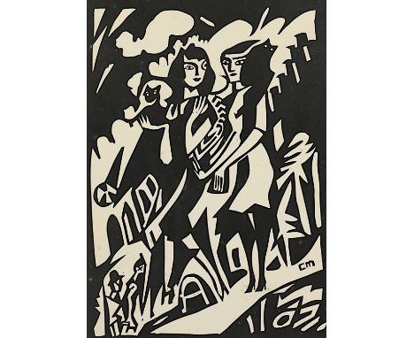 MENSE, Carlo, "Zwei Mädchen in Brügge", Original-Linolschnitt, 30 x 21,5, leicht fleckig, im Stock monogrammiert, 1921, R.