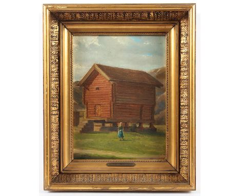 SCHIÖTT, Heinrich August Georg (1823-1895), "Bauernmädchen vor einer Scheune", Öl/Papier, 27 x 20,5, auf Holz aufgezogen, unt