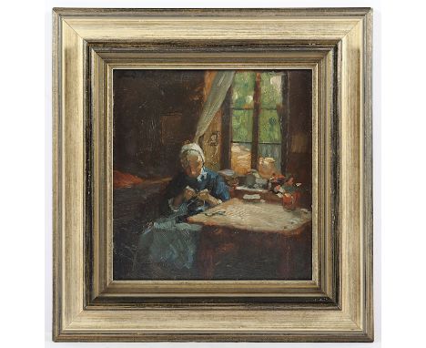 BALZER, Ferdinand (1872-1916), "Bei der Handarbeit", Öl/Malkarton, 16 x 15,5, oben links signiert, verso Nachlassstempel, R.