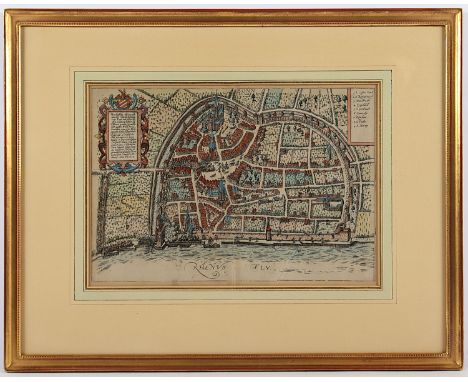 BONN, "Wahrhafftige abconterfey der Churfürstlichen Stat Bonn", Plan der Stadt, kolorierter Kupferstich, 25 x 34,5, rest., Ei