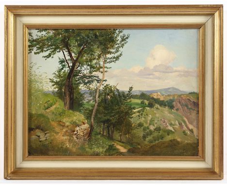 FRIEDRICH, Ludwig (1827-1916), zugeschrieben, "Landschaft mit Kirschenpflücker", Öl/Papier, 30 x 40,5, auf Karton aufgezogen,
