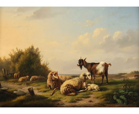 DIELMAN, Pierre-Emmanuel I (1800-1858), "Landschaft mit ruhenden Schafen und einer Ziege", Öl/Holz, 35 x 47, unten rechts sig