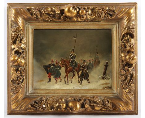 SELL, Christian I und II, Umkreis/Schule, "Preussische Ulanen mit französischen Kriegsgefangenen in Winterlandschaft", Öl/Hol