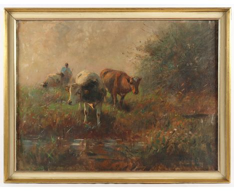 HOLZ, Johann Daniel (1867-1945), "Rinder an einem Gewässer", Öl/Lwd., 60,5 x 80, unten rechts signiert, R.