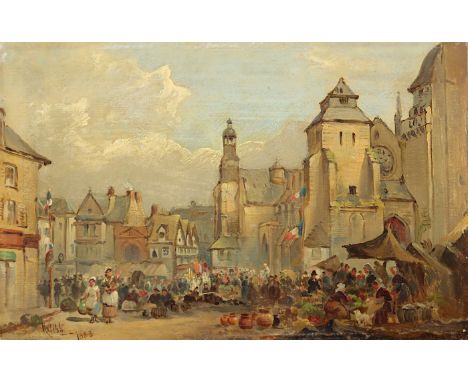 GIBB, Robert II (1845-1932), "Markttag in einer nordfranzösischen Kleinstadt", Öl/Karton, 14 x 21,5, auf Holz aufgezogen, unt