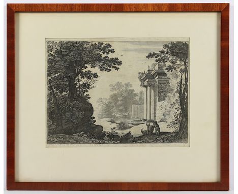 NIEDERLÄNDISCH, bei Mariette verlegt / gestochen von Gabriel Perelle, "Viehhirte vor antikem Tempel", Radierung, 25 x 34, 17.