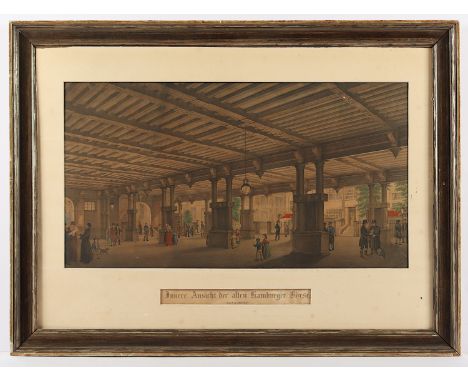 INNERE ANSICHT DER ALTEN HAMBURGER BÖRSE, kolorierte Aquatinta, 36 x 64, besch. und rest., 19.Jh., R.