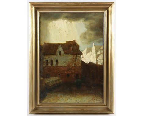 LIES, A. (Maler des 20.Jh.), "Aufkommendes Gewitter in der Stadt", Öl/Hartfaser, 69 x 49, unten rechts signiert und "1944"? d