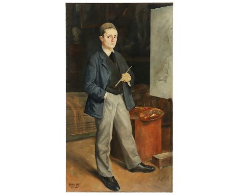 KLUSKA, Johann (1904-1973), "Selbstbildnis mit Pinsel und Palette", Öl/Lwd., 180 x 100, unten links signiert und "1930" datie