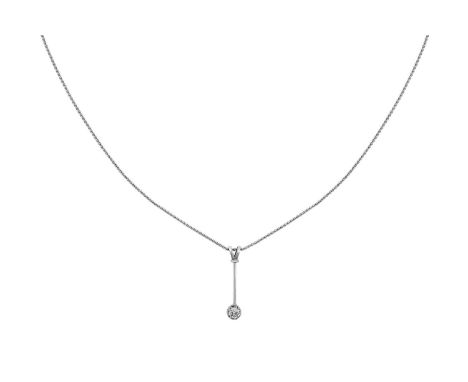 A Diamond Solitaire Pendant on Chain the old cut diamond in a white collet setting, suspended from a forked bale spaced by a 