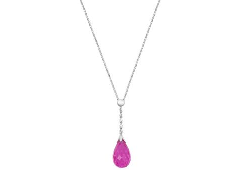 A Pink Tourmaline and Diamond Pendant on Chainthe pink tourmaline briolette with a white plain polished cap, chain linked by 