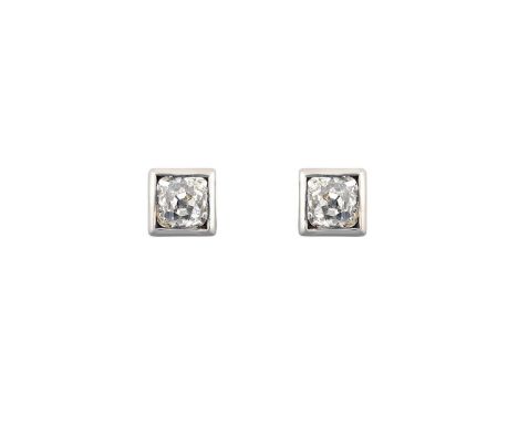 A Pair of 18 Carat White Gold Diamond Solitaire Earringsthe old cut diamonds in square settings, total estimated diamond weig