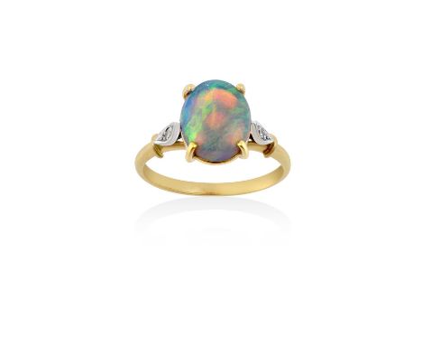 An Opal and Diamond Ringthe oval cabochon opal in a yellow four claw setting, to eight-cut diamond set shoulders, on a plain 