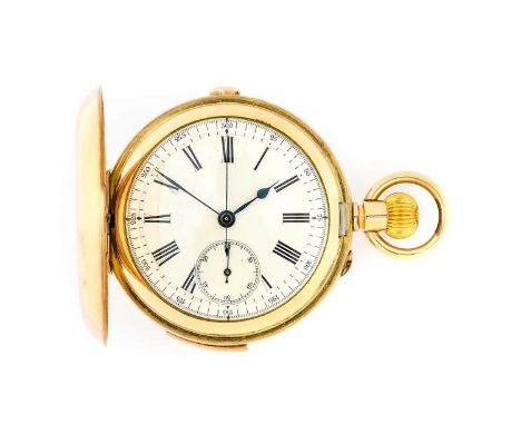 A Gold Plated Full Hunter Quarter Repeater Chronograph Pocket Watch, circa 1900, manual wound lever movement, quarter repeati