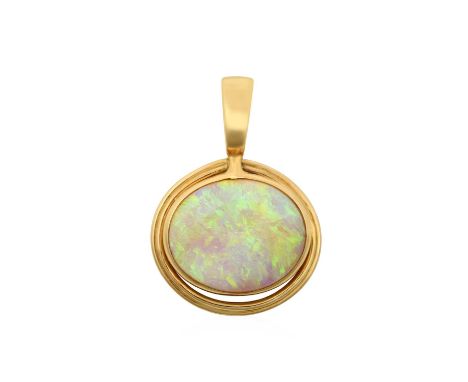 An Opal Pendantthe oval opal plaque in a yellow rubbed over setting, to a plain polished openwork border, suspended from a pl